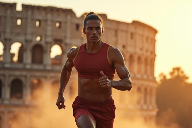 Atleta moderno in posa dinamica davanti a un antico Colosseo romano, che simboleggia la fusione di forza e storia.