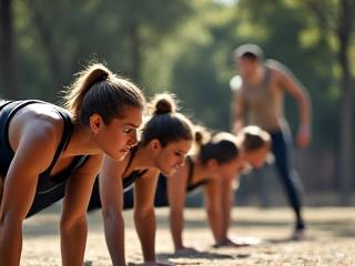 Atleti che eseguono esercizi a corpo libero in un parco storico, istruttore che mostra la forma corretta