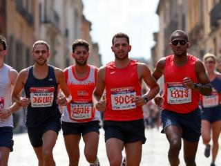 Gruppo di corridori atletici insieme durante una maratona in città, con abbigliamento sportivo Palatine Performance