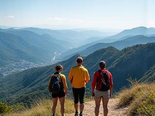 Gruppo di escursionisti che camminano su un sentiero di montagna con vista panoramica, attrezzatura da trekking