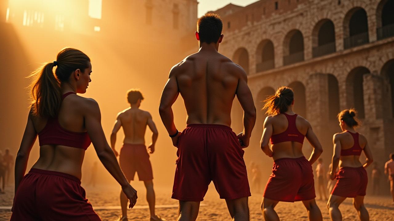 Atleti che si allenano in un'arena romana moderna, atmosfera energica, Palatine Performance