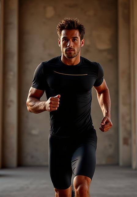 Atleta che indossa abbigliamento sportivo ad alte prestazioni, con uno sfondo dinamico e moderno.