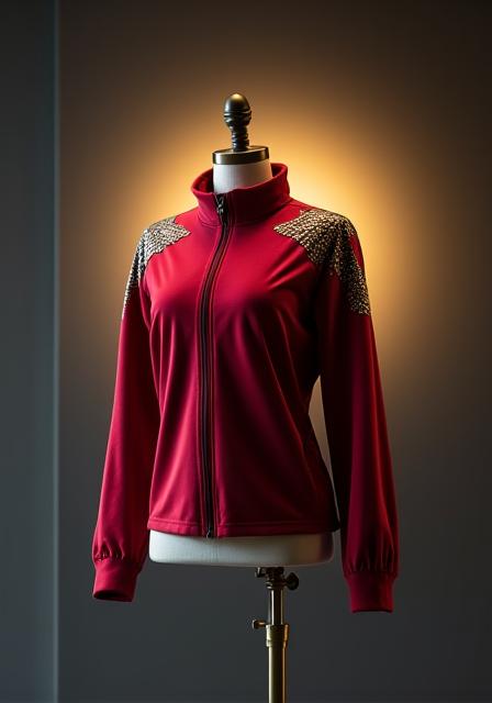 Design di abbigliamento sportivo che incorpora elementi stilistici dell'antica Roma, come motivi geometrici o borchie.
